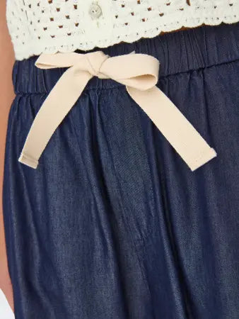 Denim Blue Cotton Mix Wide Leg Palazzo Trouser