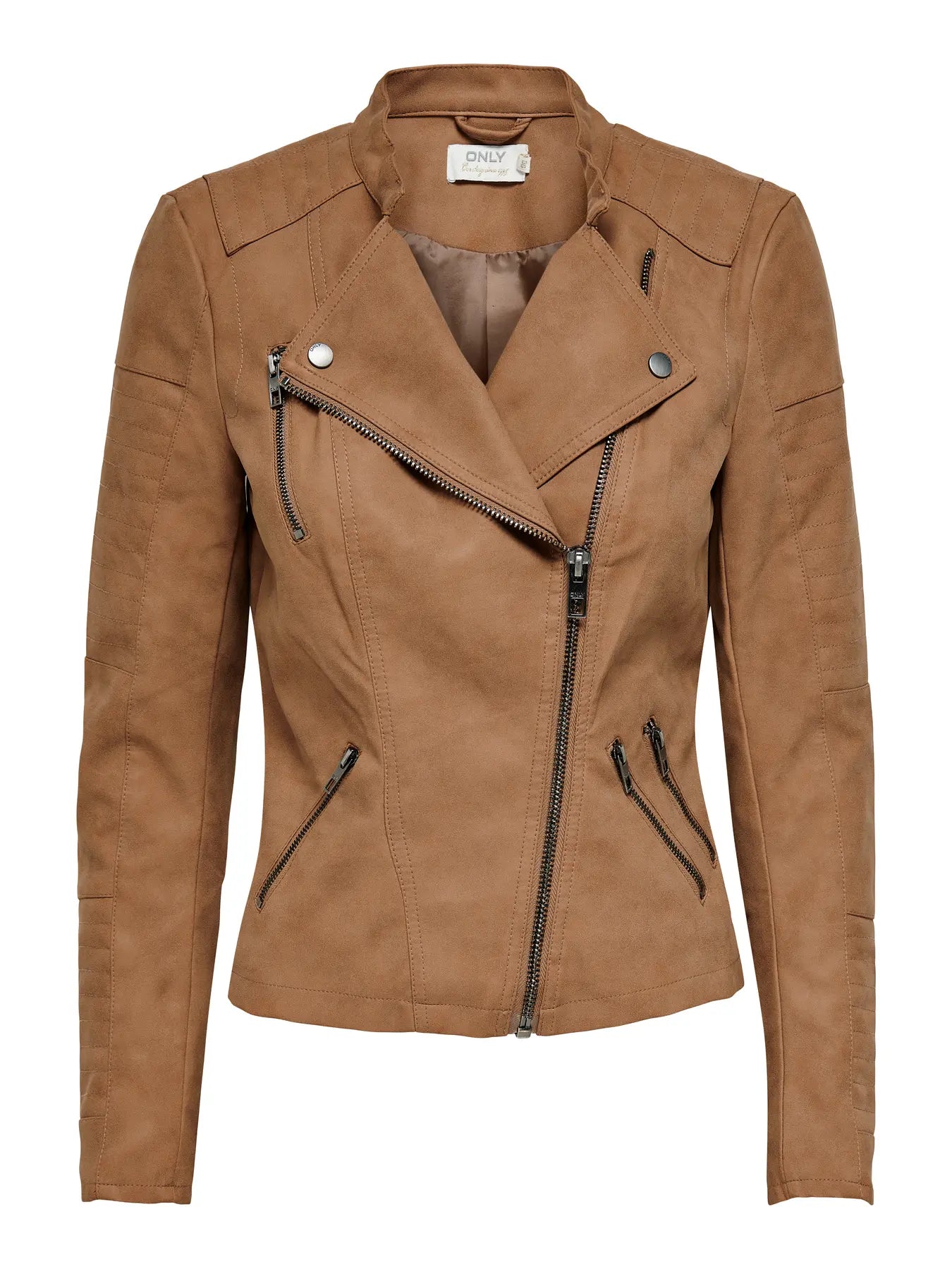 Faux Leather Biker Jacket - Tan