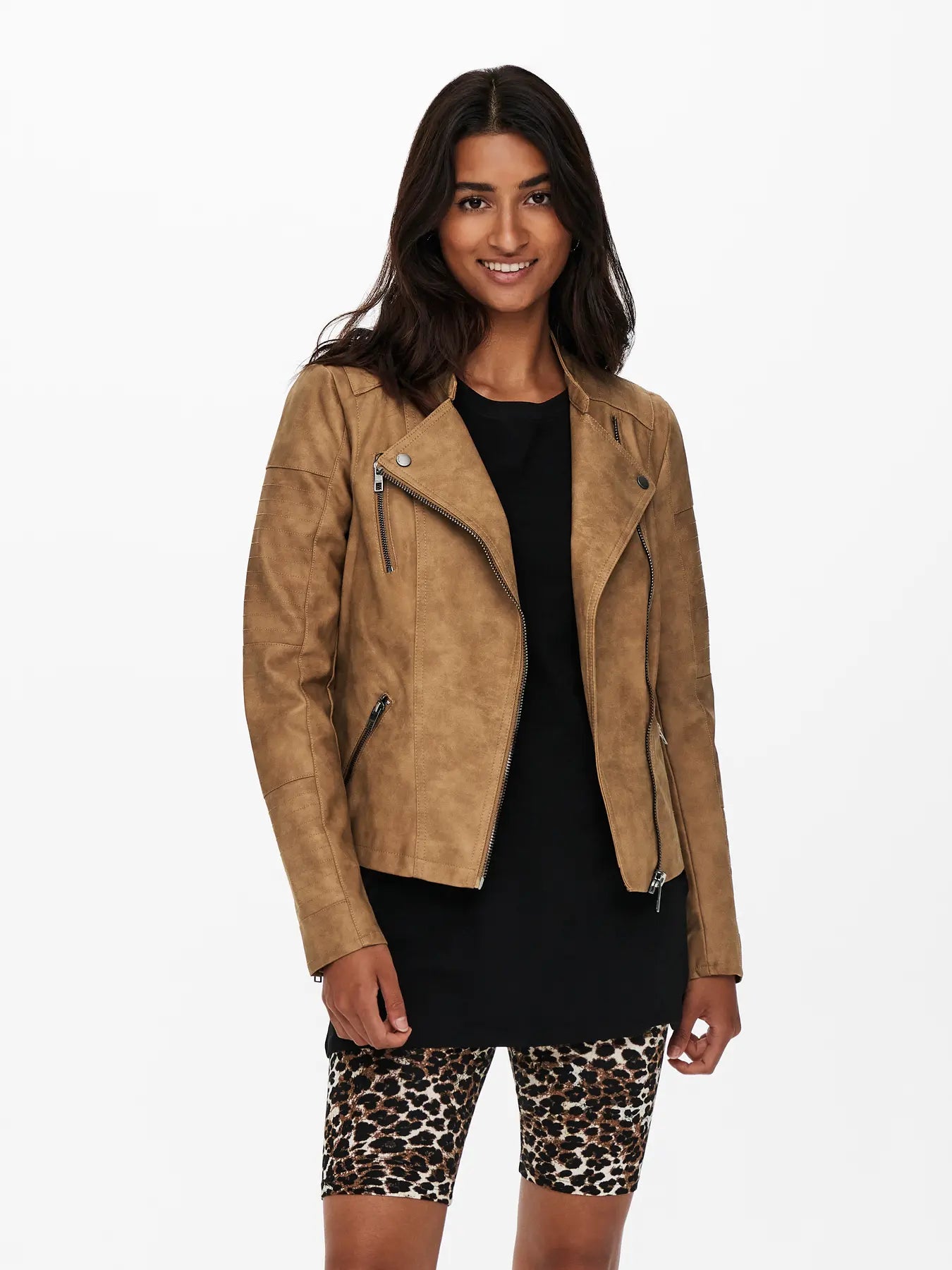 Faux Leather Biker Jacket - Tan