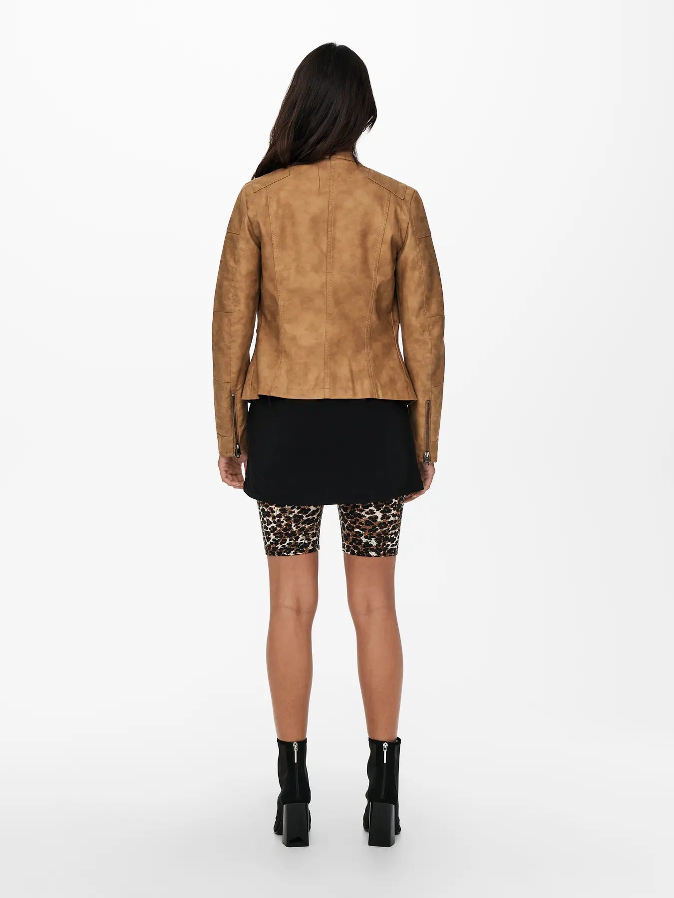 Faux Leather Biker Jacket - Tan