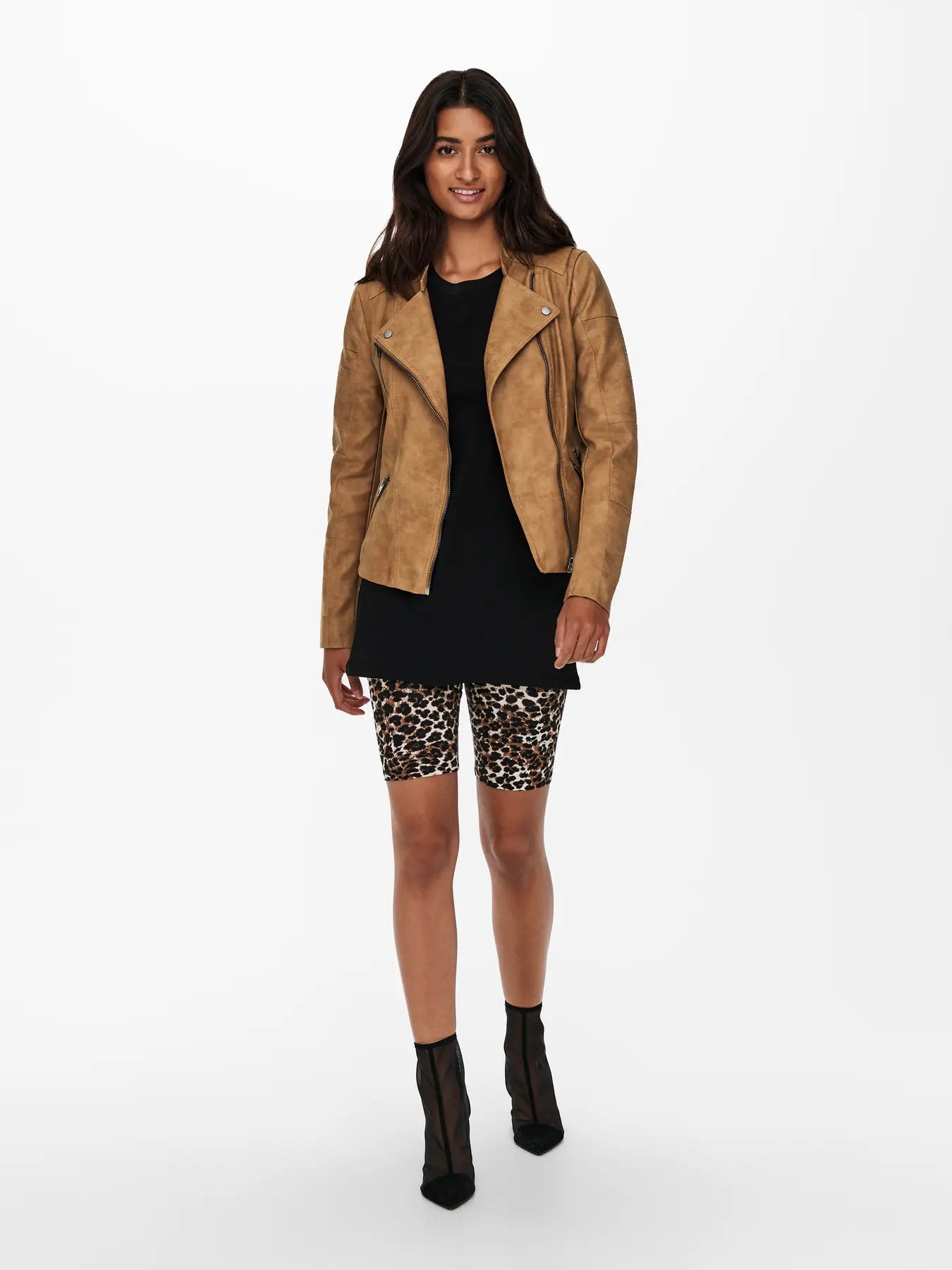 Faux Leather Biker Jacket - Tan