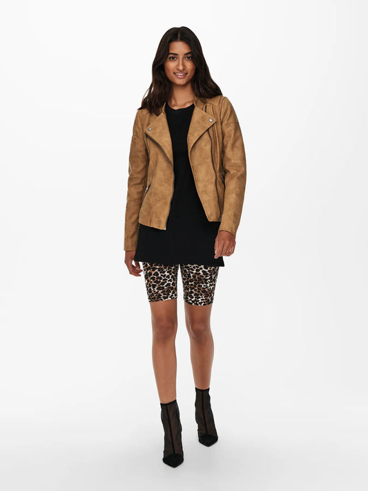 Faux Leather Biker Jacket - Tan