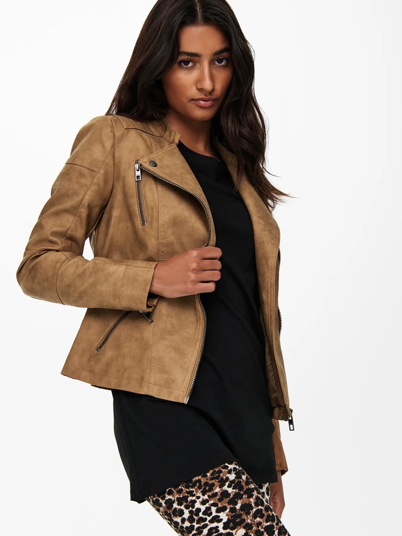 Faux Leather Biker Jacket - Tan