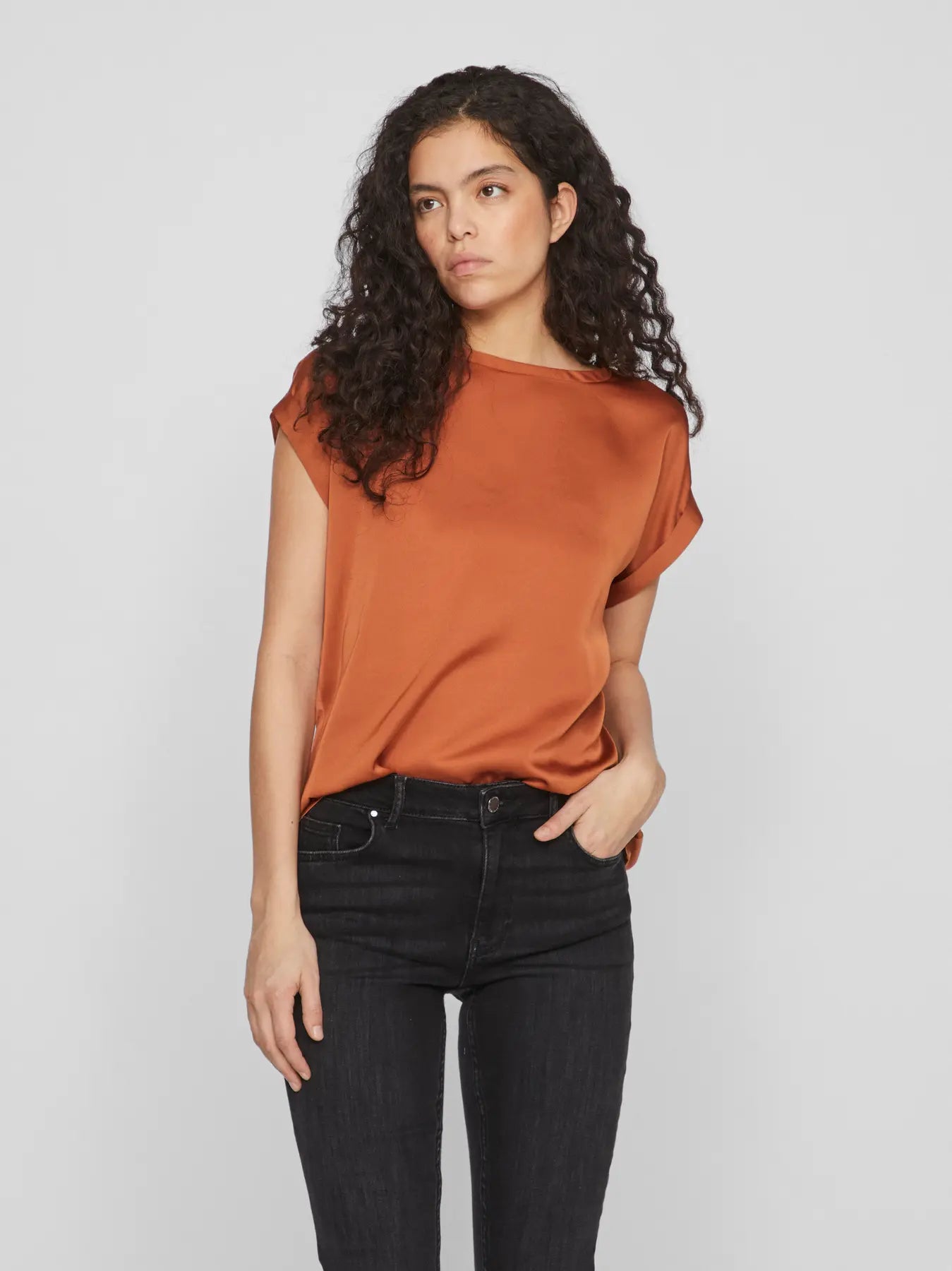 Satin Short Sleeve Top - Rust