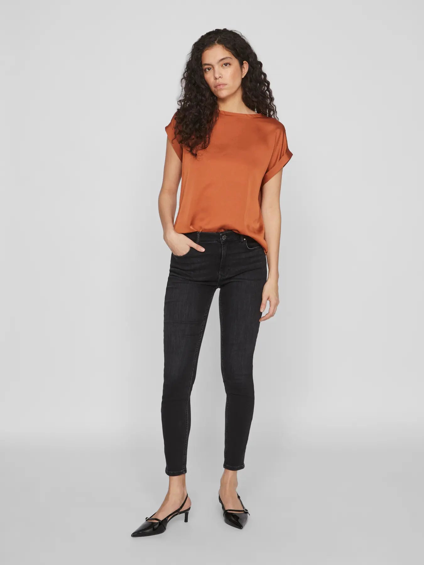 Satin Short Sleeve Top - Rust