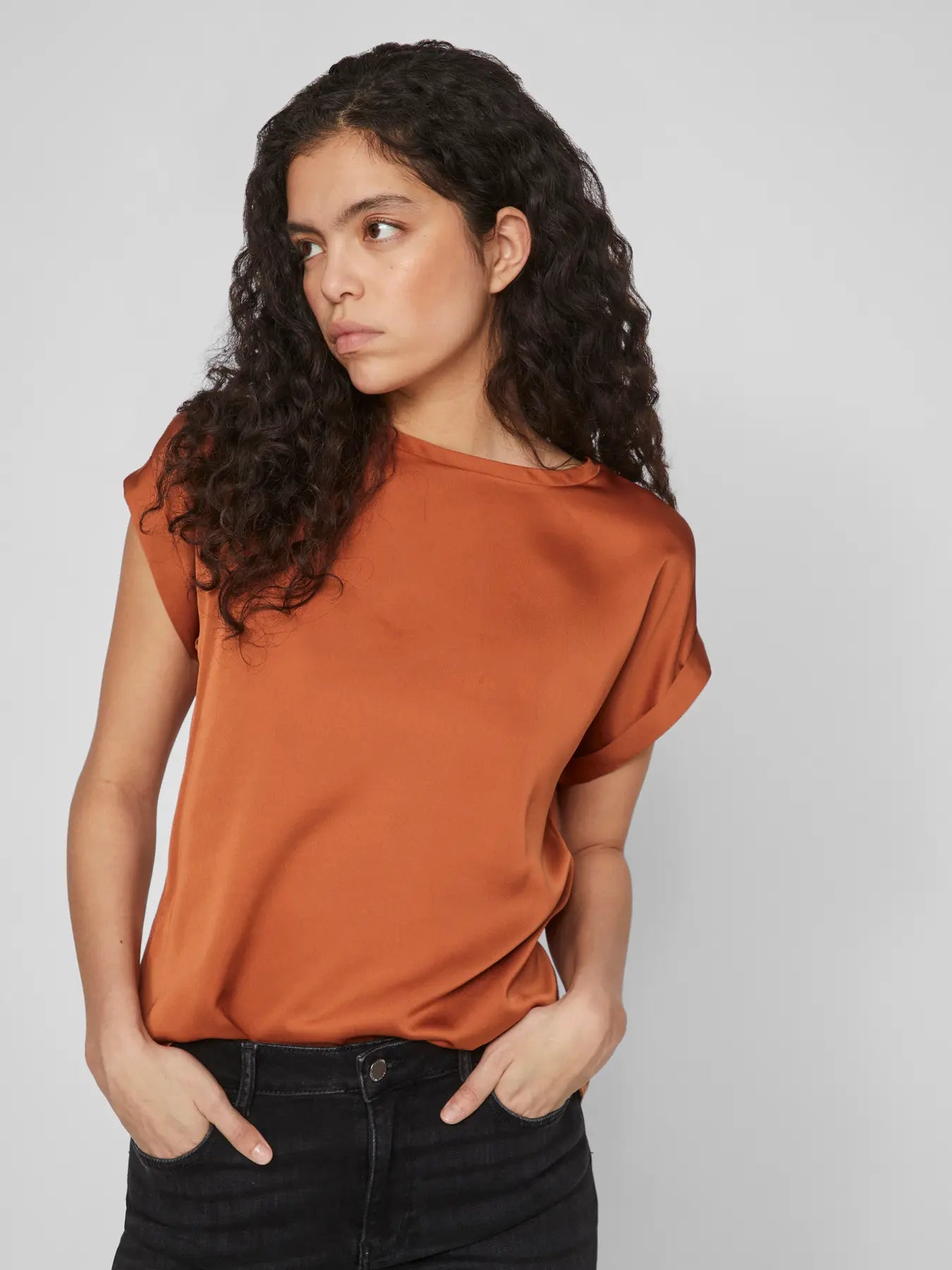 Satin Short Sleeve Top - Rust