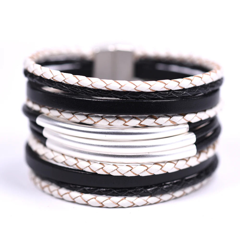 Boho Style Black & White Multi Strand Leather Bracelet With Central Matt Silver Bar Detail