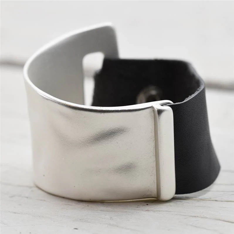 Silver Metal And Grey Leather Cuff Bracelet