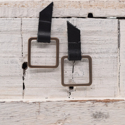 Black Leather Drop Earring With Gold Plated Open Square Detail