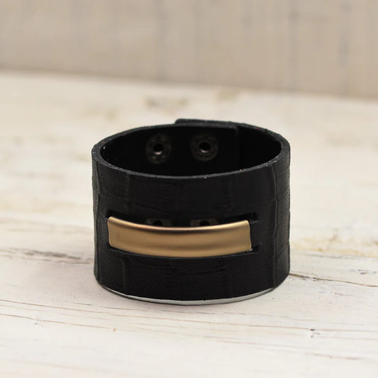 Matt Coffee Gold Bar Detail And Black Crocodile Pattern Leather Cuff Bracelet
