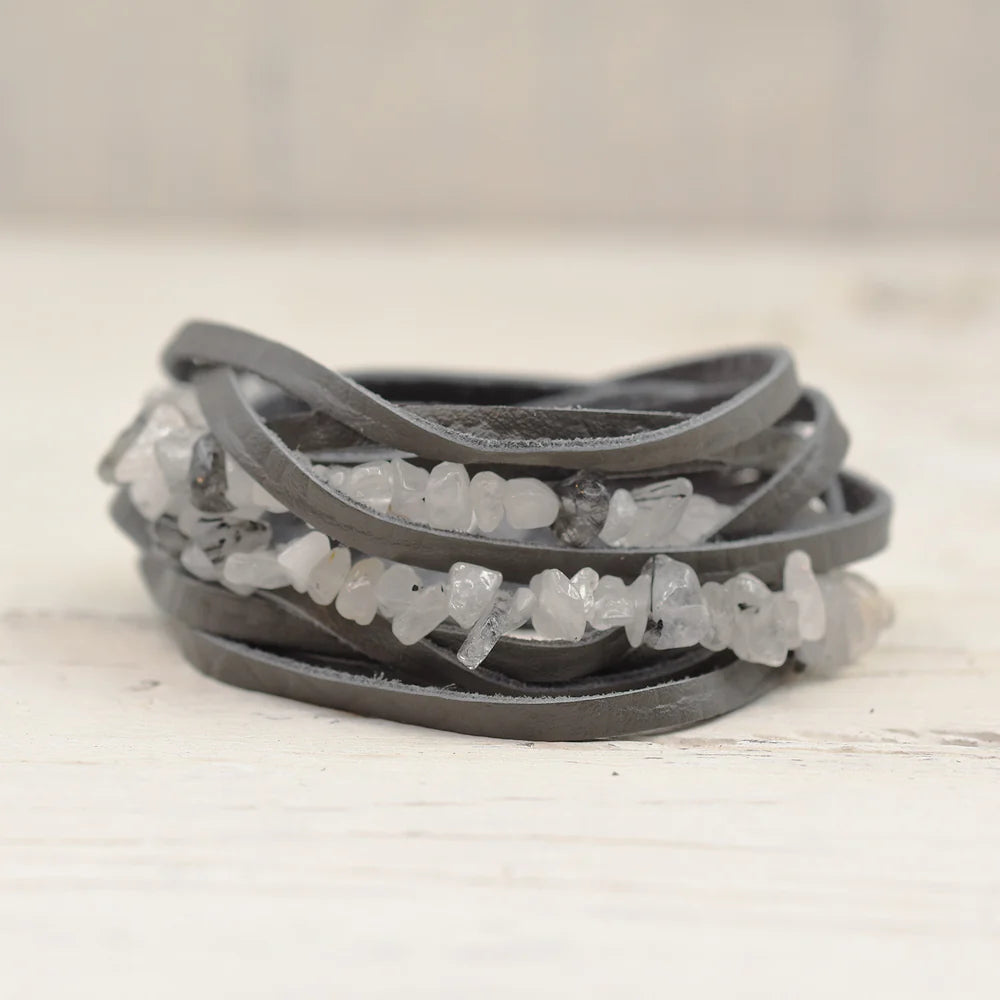 Multi-strand Luxury Leather Bracelet in Grey With Semi-precious Stone Strand Detail