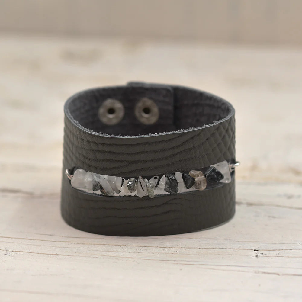 Luxury Grey Leather Cuff With Grey Semi-Precious Stone Detail