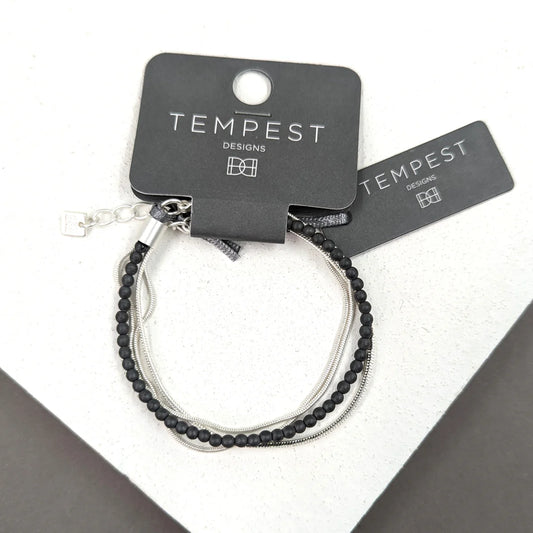 Multi Strand Silver Coloured Snake Bracelet With Grey Beaded Detail