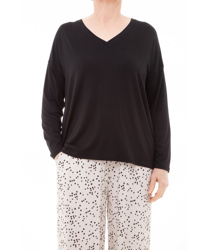 Bamboo Jersey Long Sleeve V Neck T Shirt - Black