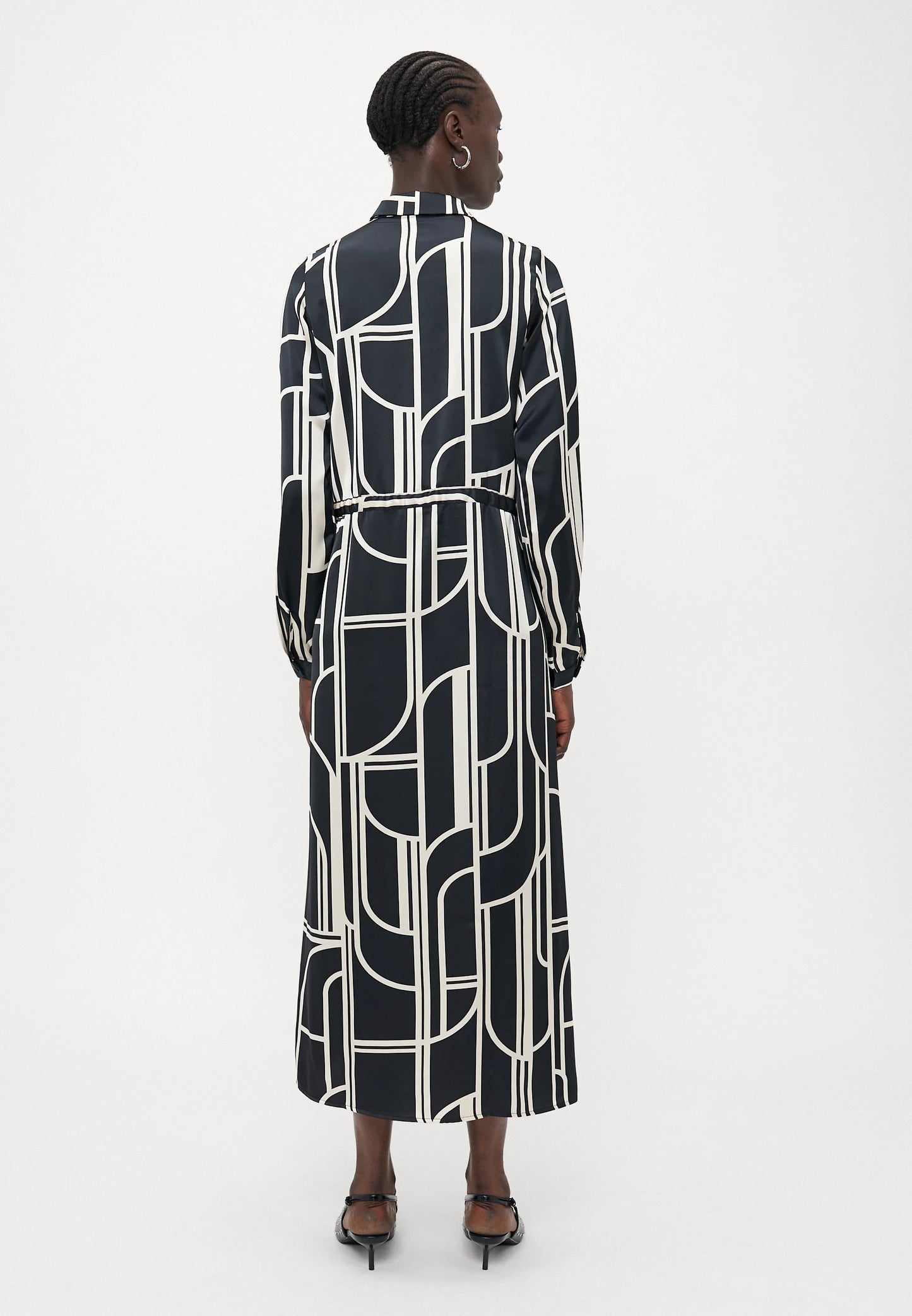 Black & Ivory Geometric Print Satin Shirt Dress
