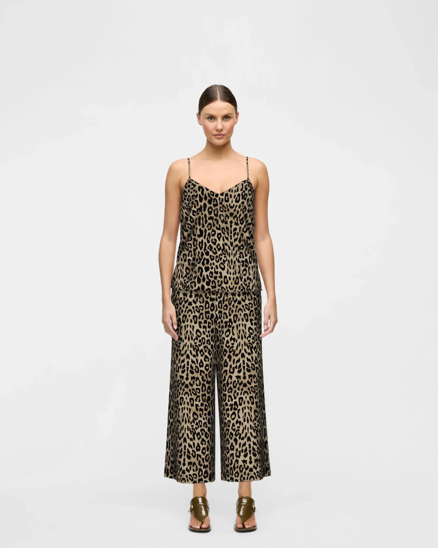 Leopard Print V Neck Strappy Linen Mix Shell Vest Top