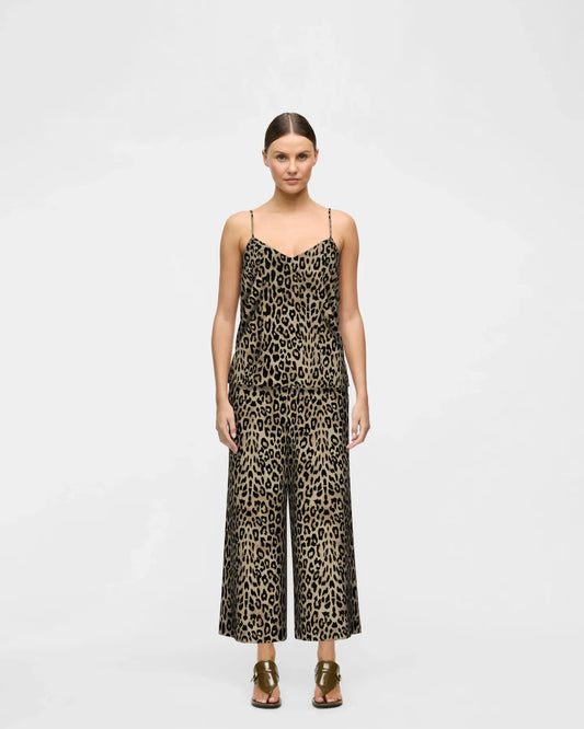 Leopard Print V Neck Strappy Linen Mix Shell Vest Top