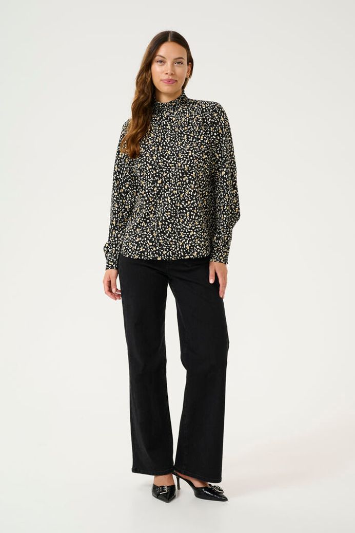High Neck Abstract Print Blouse - Black / Cream