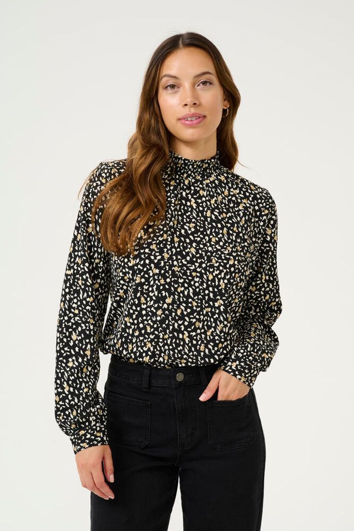 High Neck Abstract Print Blouse - Black / Cream