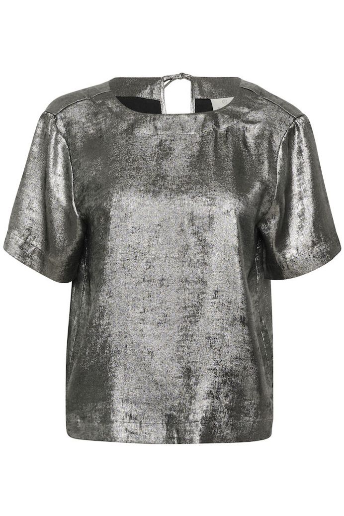 Metallic Crew Neck Top with Mid Length Sleeves - Silver