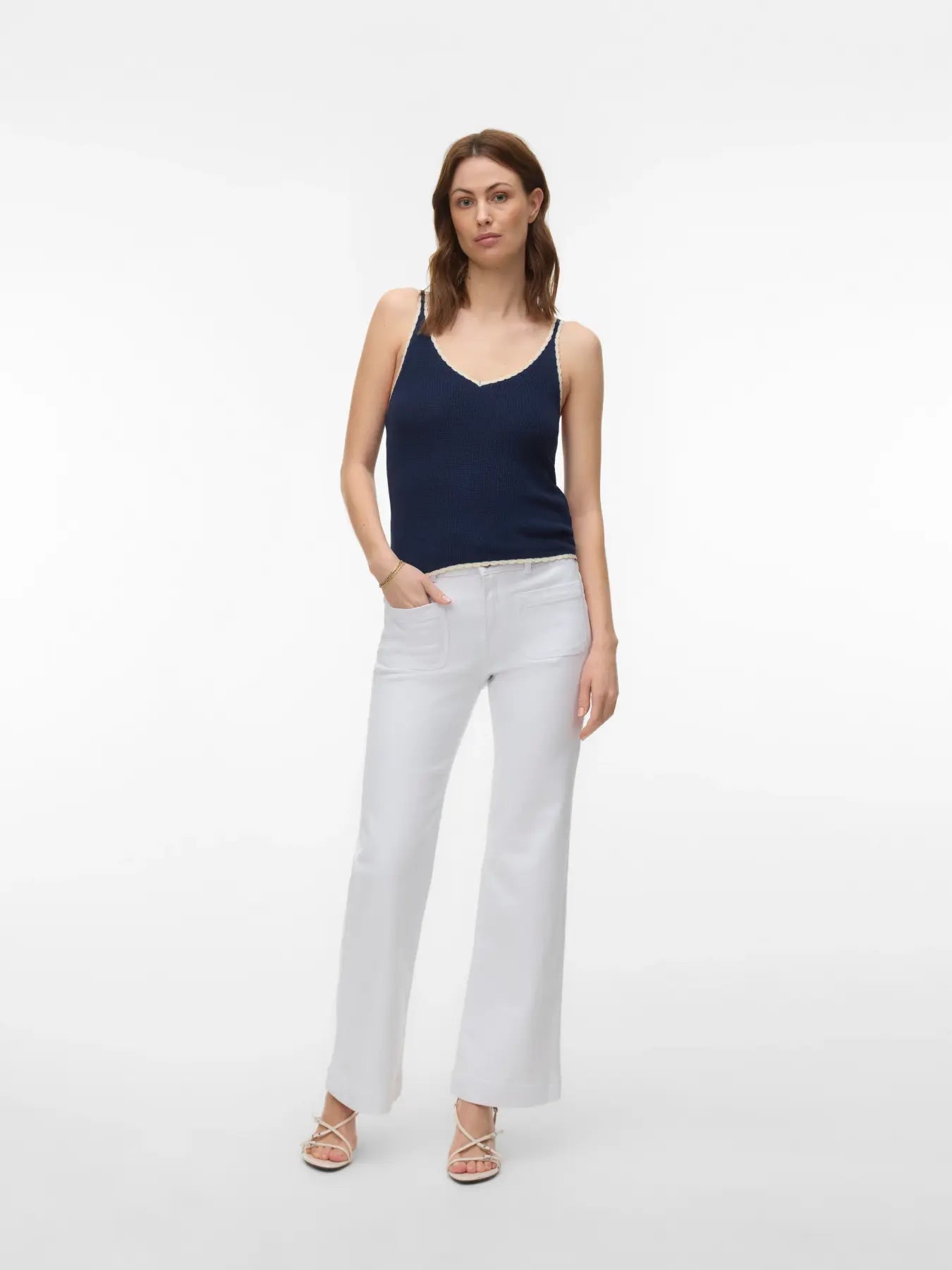 Knitted V-Neck Vest Top - Ivory & Black or Navy & Ivory