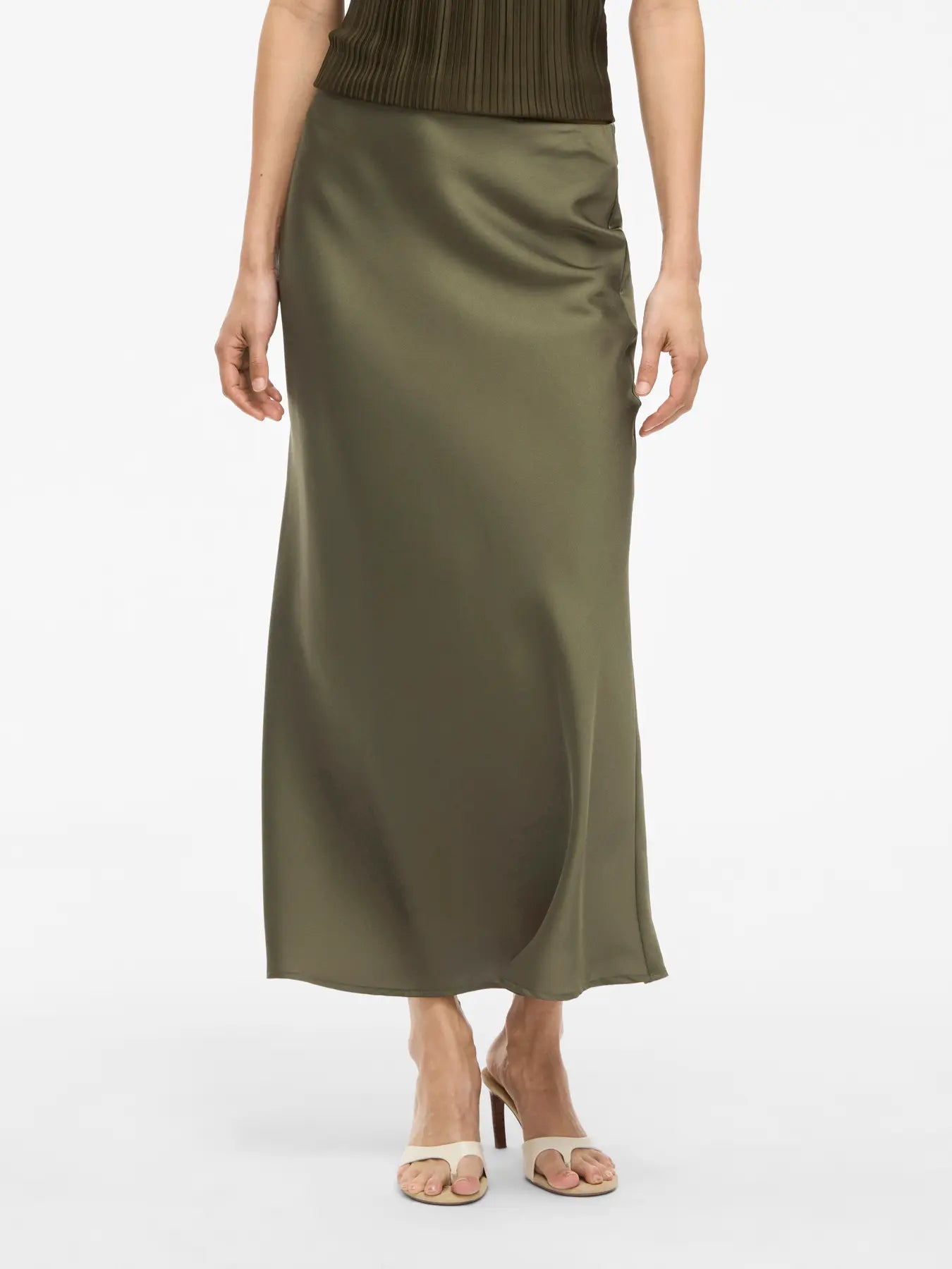 Satin Midi Skirt - Olive Green