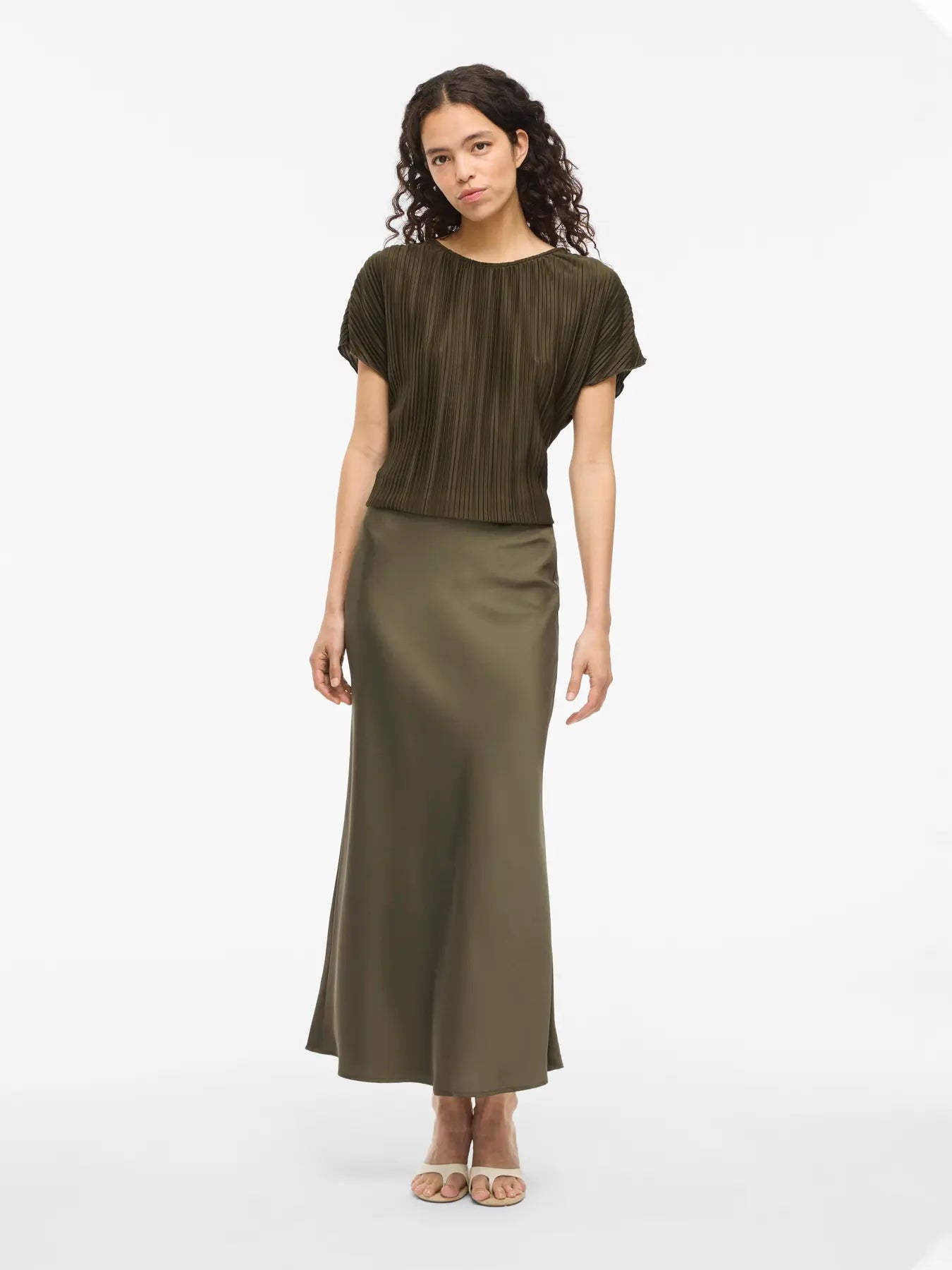 Satin Midi Skirt - Olive Green