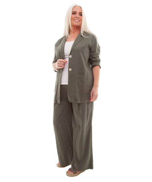 Linen Viscose Elastic Waist Trouser - Khaki