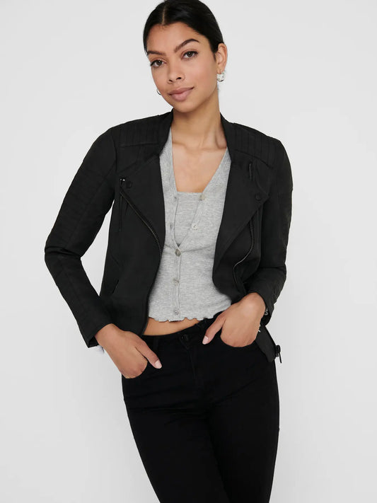 Faux Leather Biker Jacket - Black