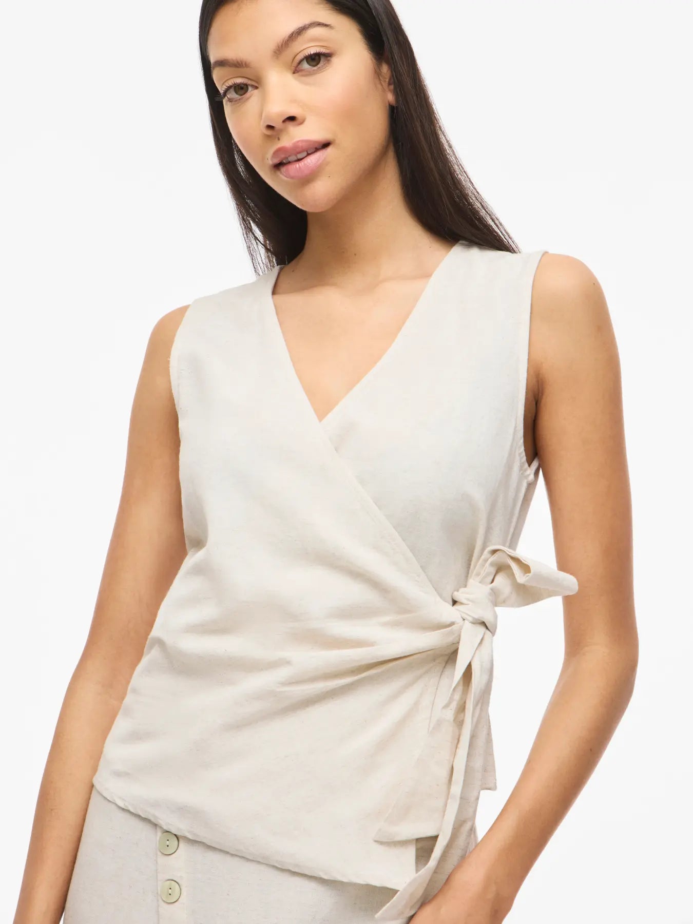 Sleeveless Linen Mix Wrap Over Top - Various Colours