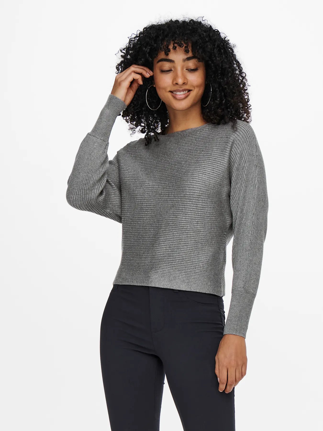 Boat Neck Batwing Sleeve Jumper - Grey