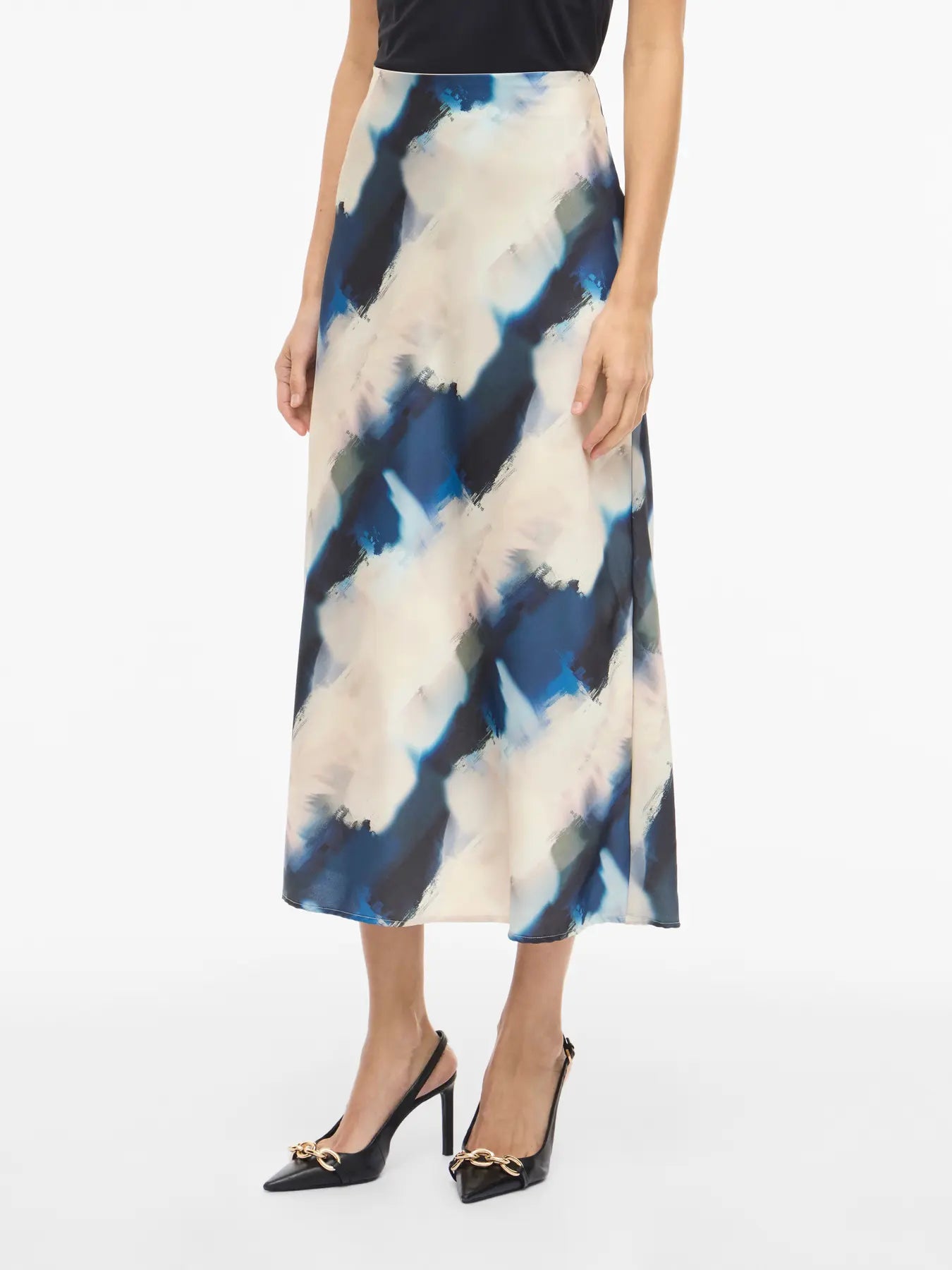 Satin Patterned Skirt - Cream & Navy