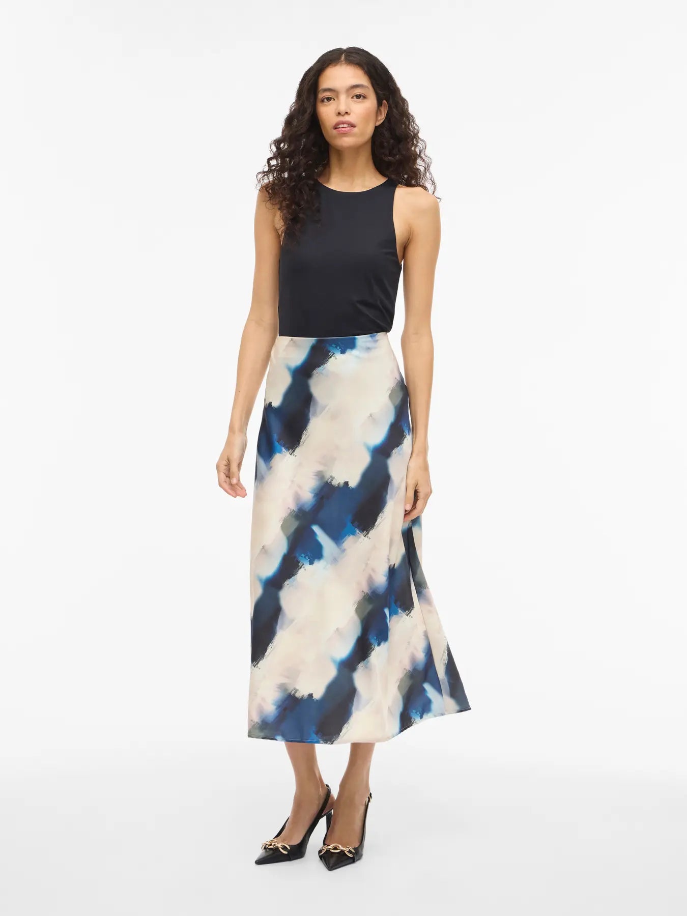Satin Patterned Skirt - Cream & Navy