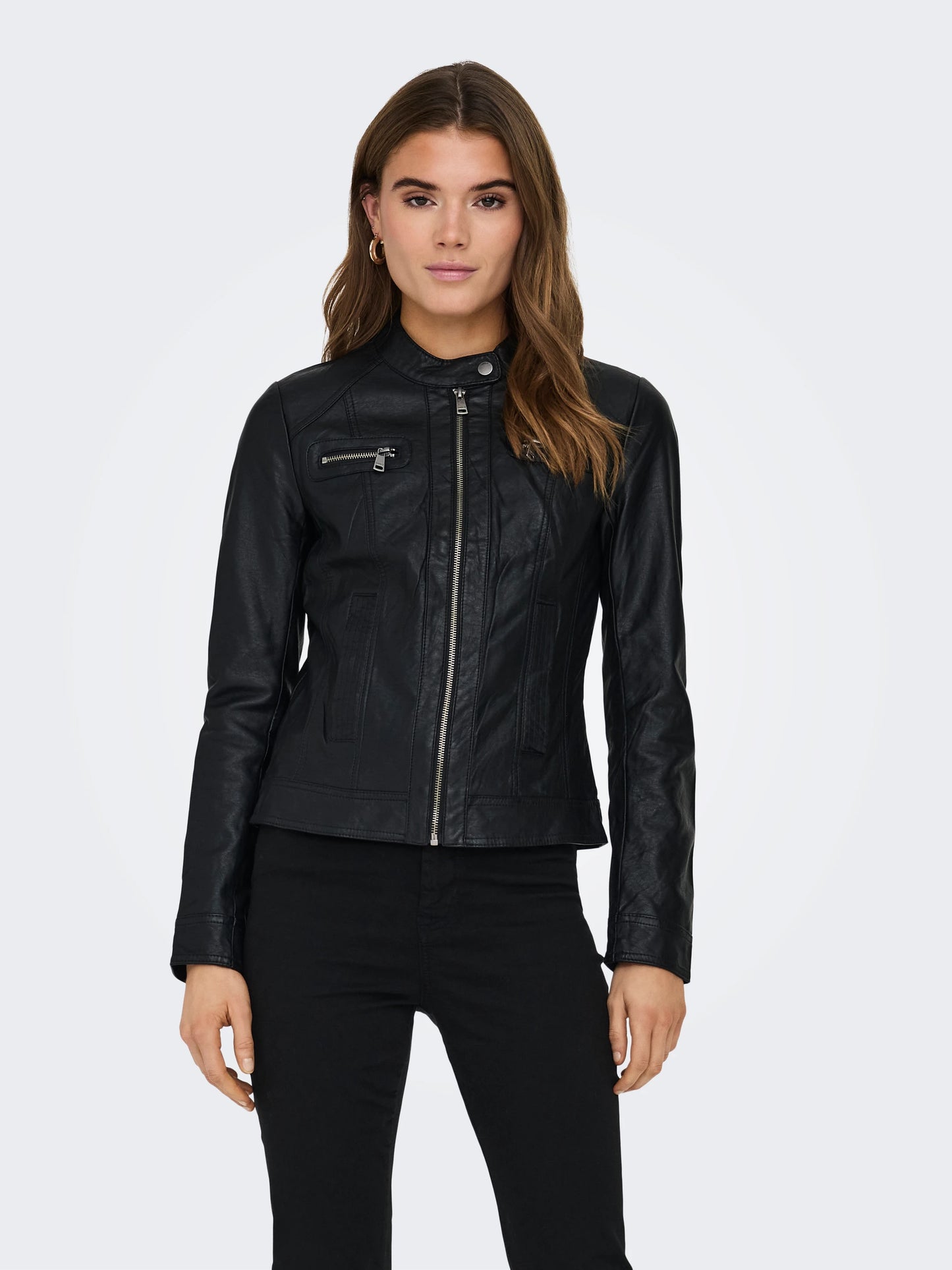 Faux Leather Biker Jacket - Black