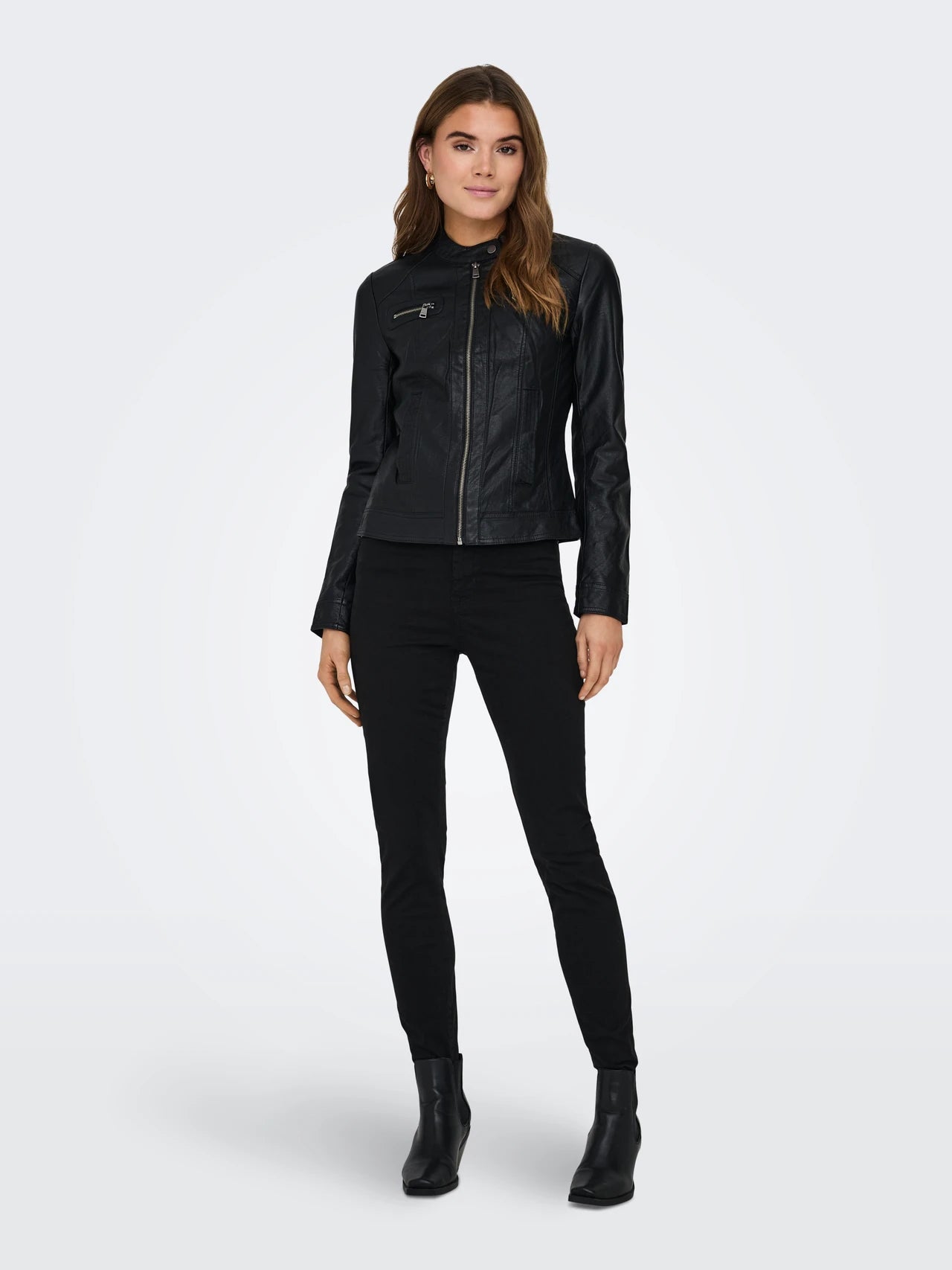 Faux Leather Biker Jacket - Black