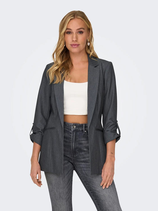 Blazer With 3/4 Ruched Sleeves - Grey