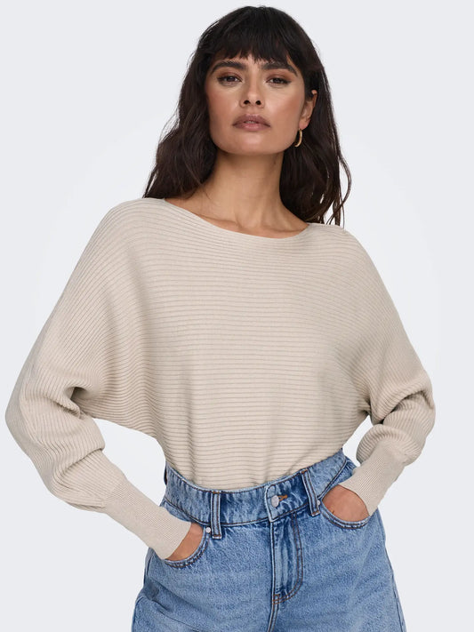 Boat Neck Batwing Sleeve Jumper - Stone