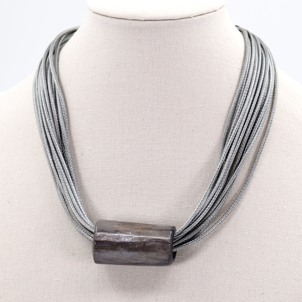 Multi Silk Like Cord Necklace In Grey With Tube Feature