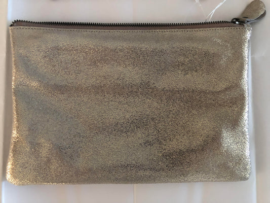 Leather Zip Top Clutch Bag With Detachable Wrist Strap & Long Strap - Gold