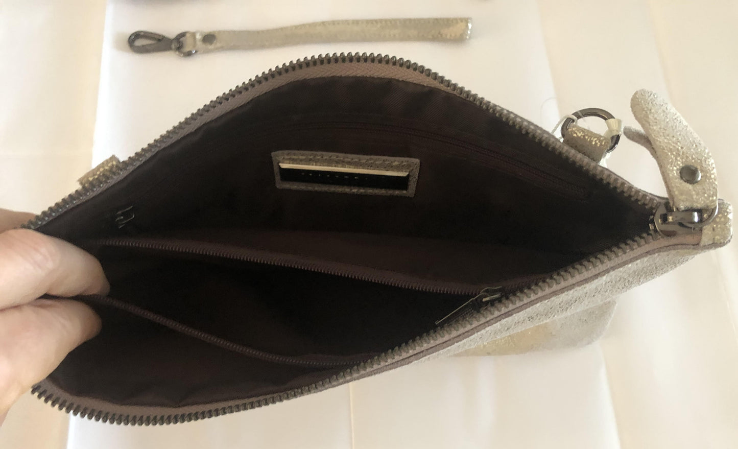 Leather Zip Top Clutch Bag With Detachable Wrist Strap & Long Strap - Gold