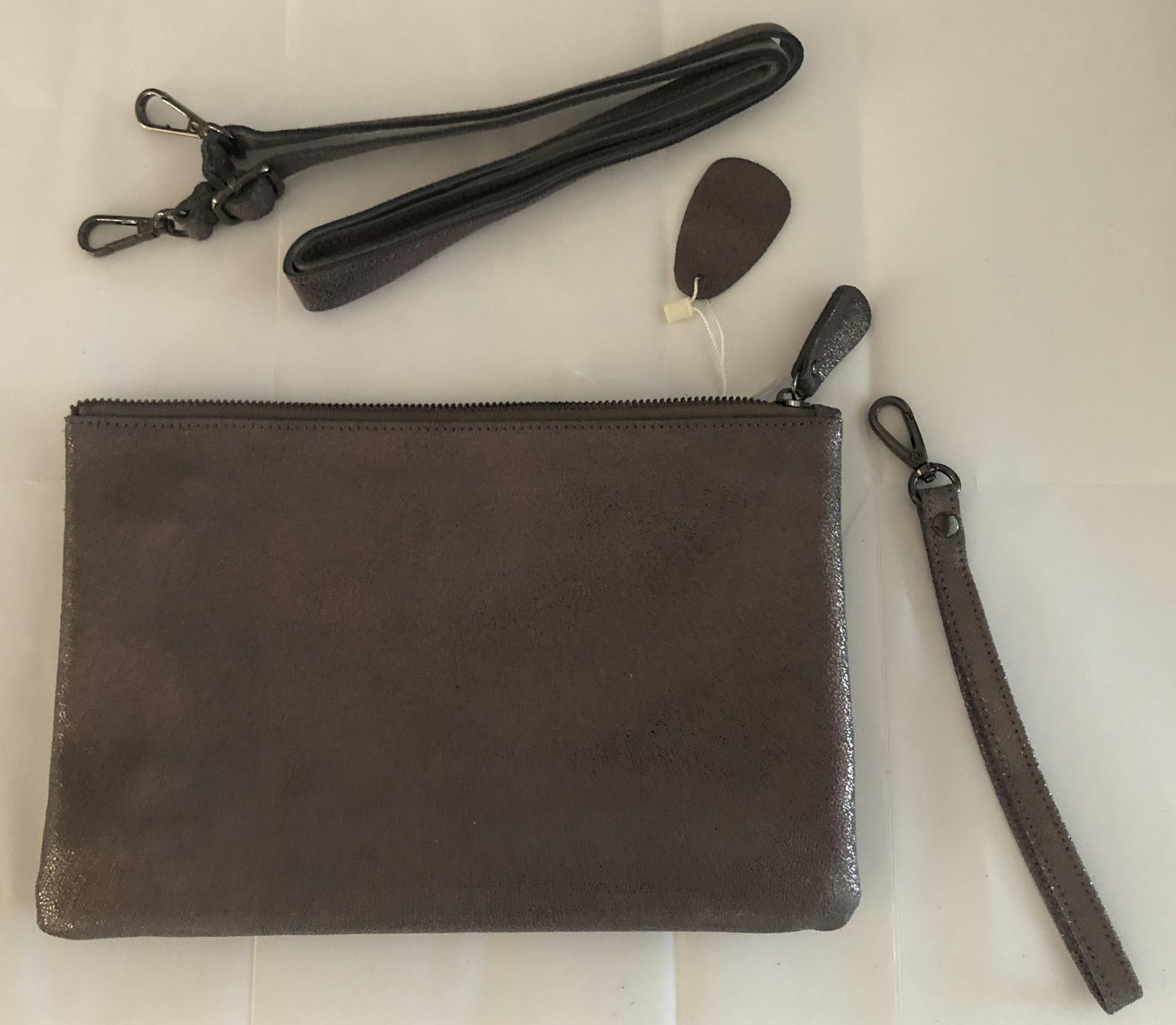 Leather Zip Top Clutch Bag With Detachable Wrist Strap & Long Strap - Pewter