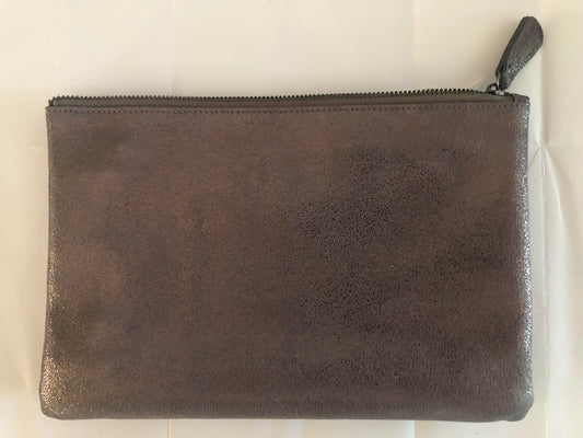 Leather Zip Top Clutch Bag With Detachable Wrist Strap & Long Strap - Pewter