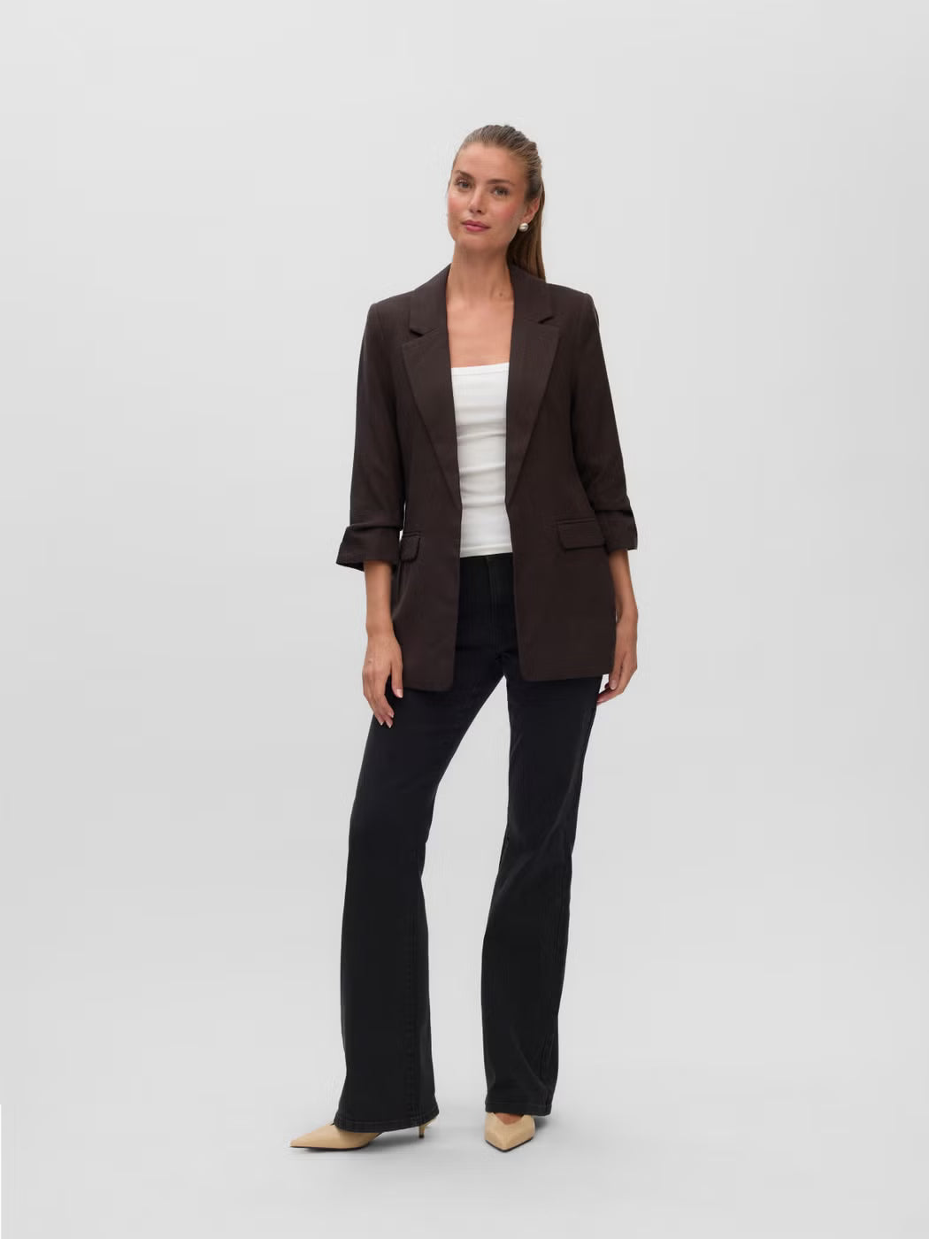 Blazer With 3/4 Ruched Sleeves - Chocolate