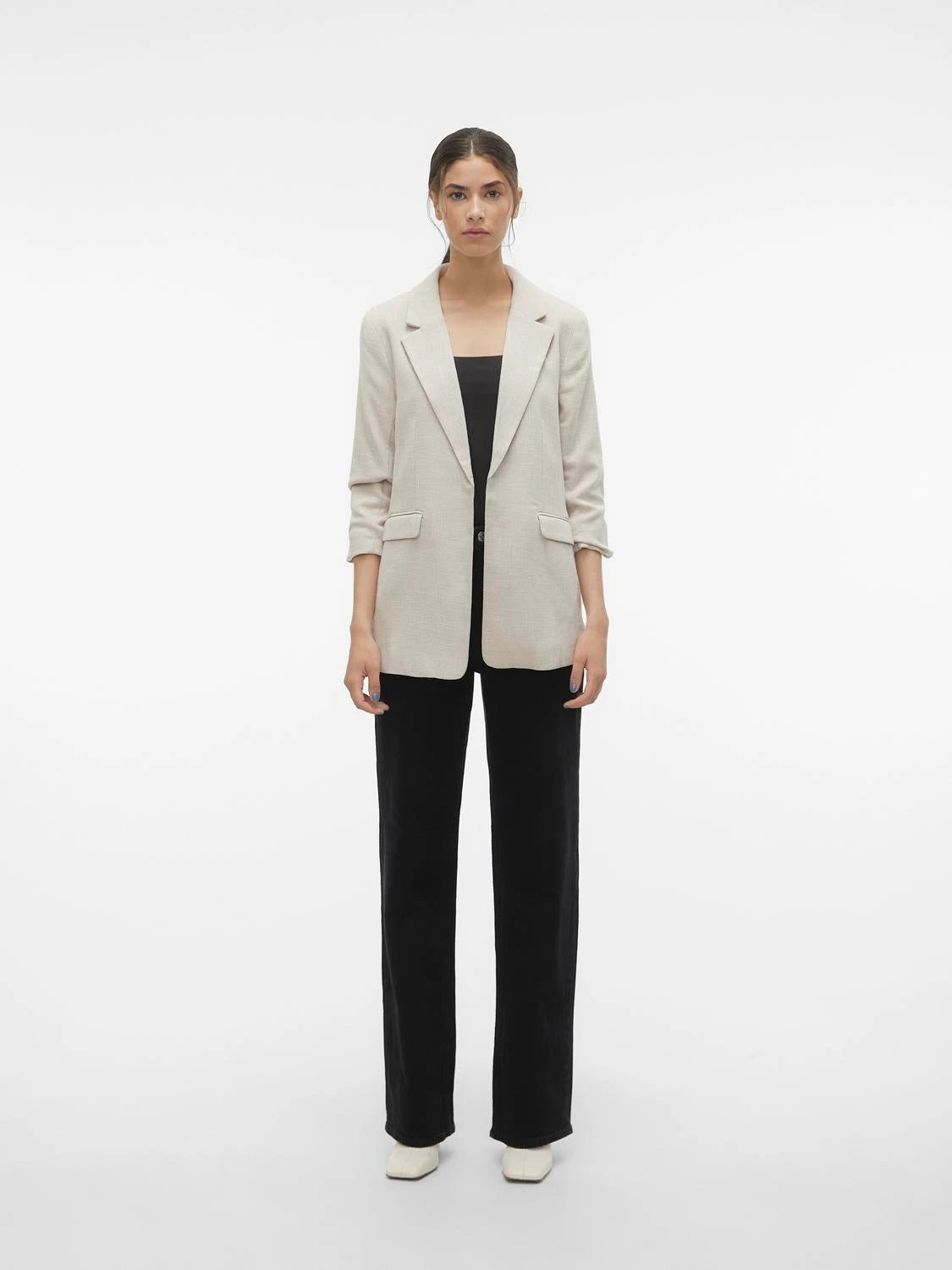Blazer With 3/4 Ruched Sleeves - Oatmeal