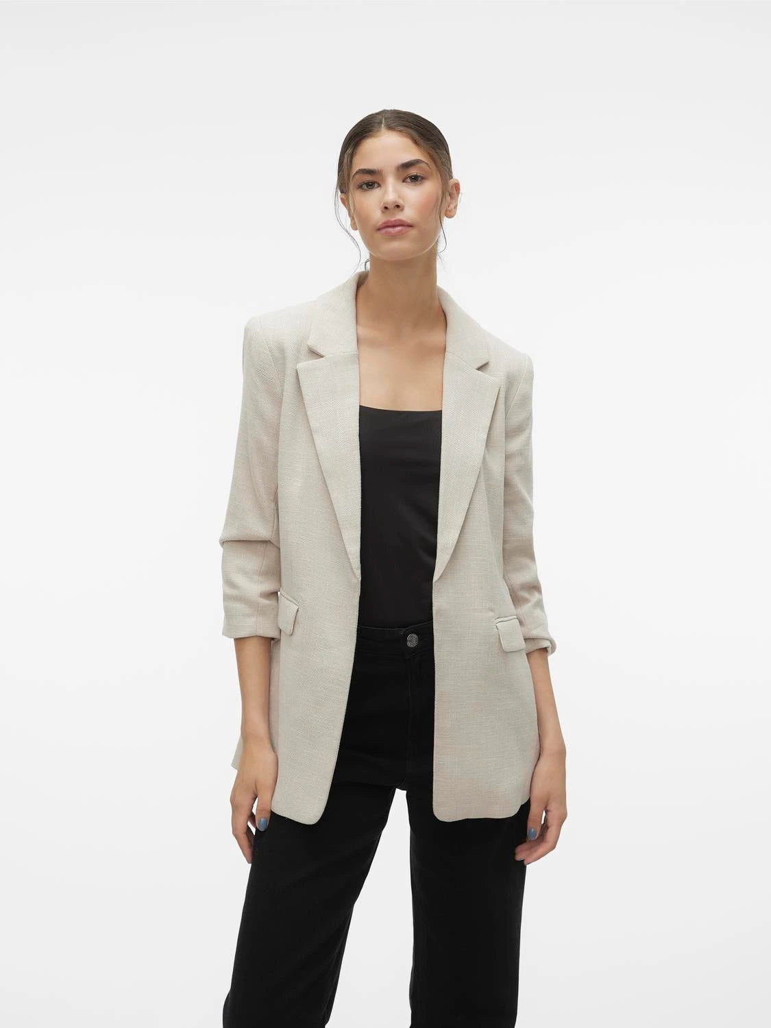 Blazer With 3/4 Ruched Sleeves - Oatmeal