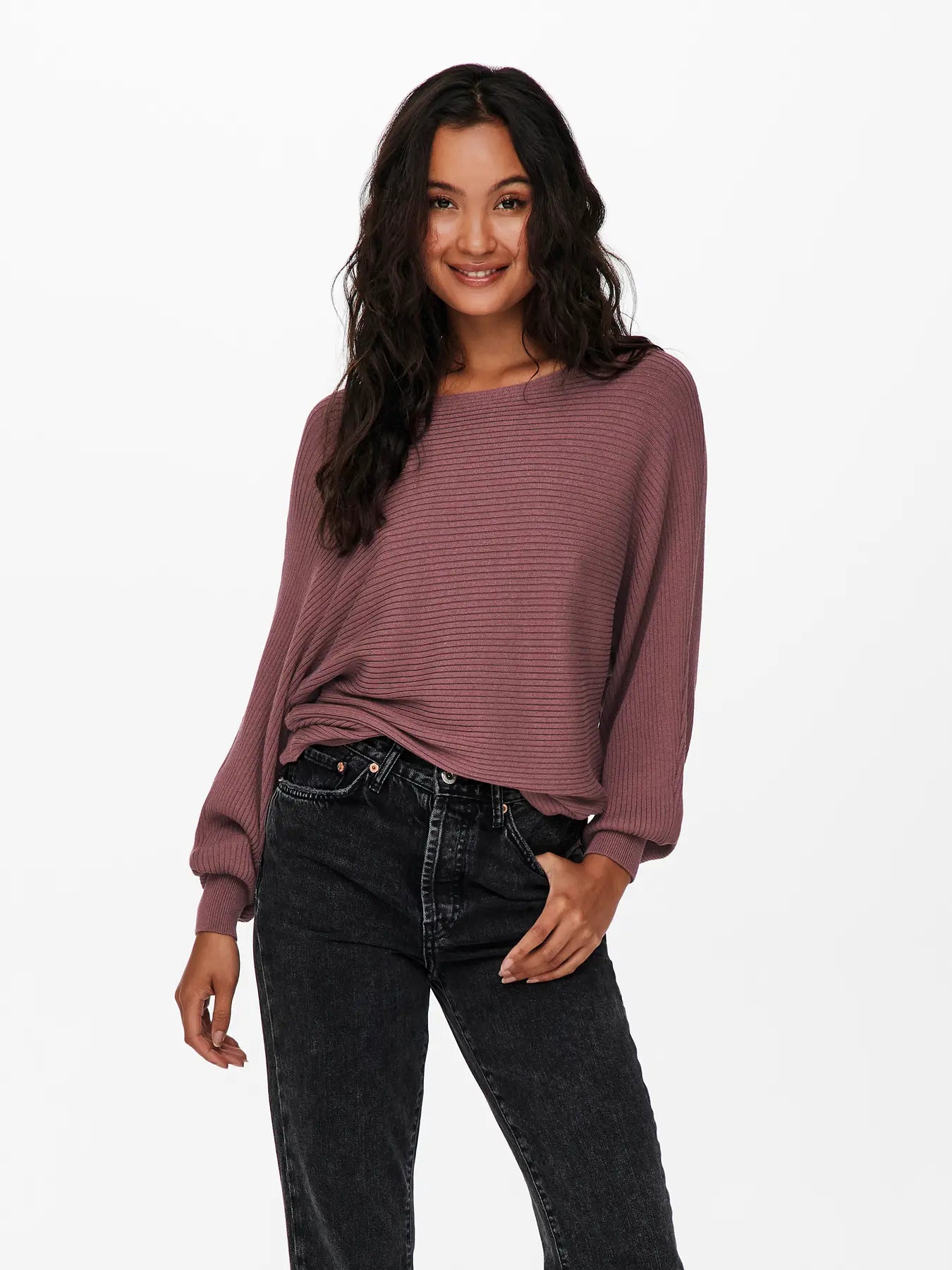 Boat Neck Batwing Sleeve Jumper - Rose Brown