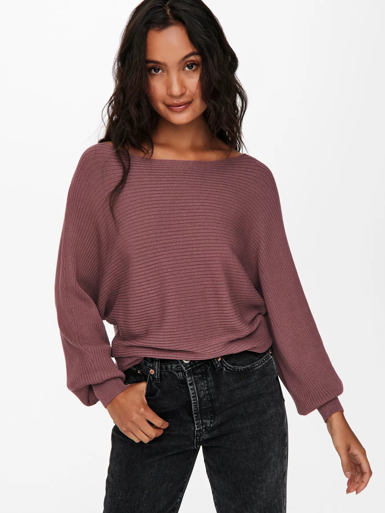 Boat Neck Batwing Sleeve Jumper - Rose Brown